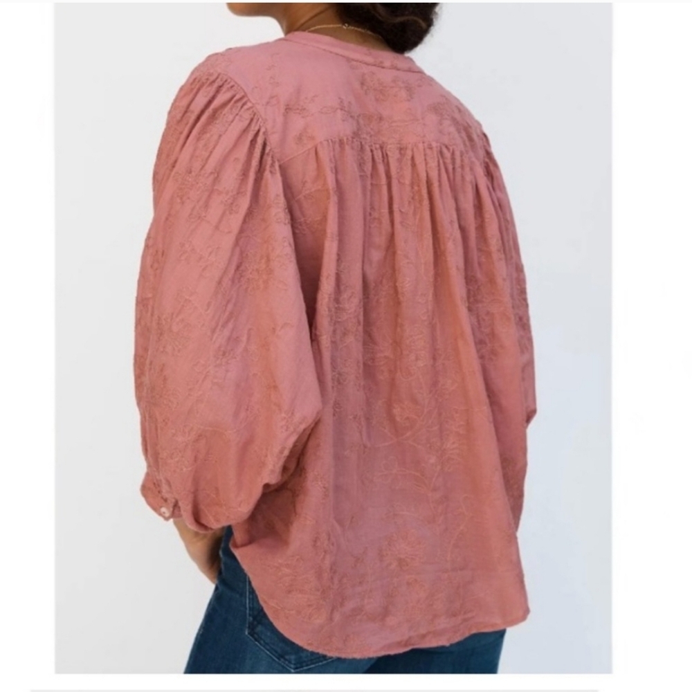 Anthropologie Pilcro Mauve Pink Cotton Floral Embroidered Button-up Batwing Top - Picture 9 of 9